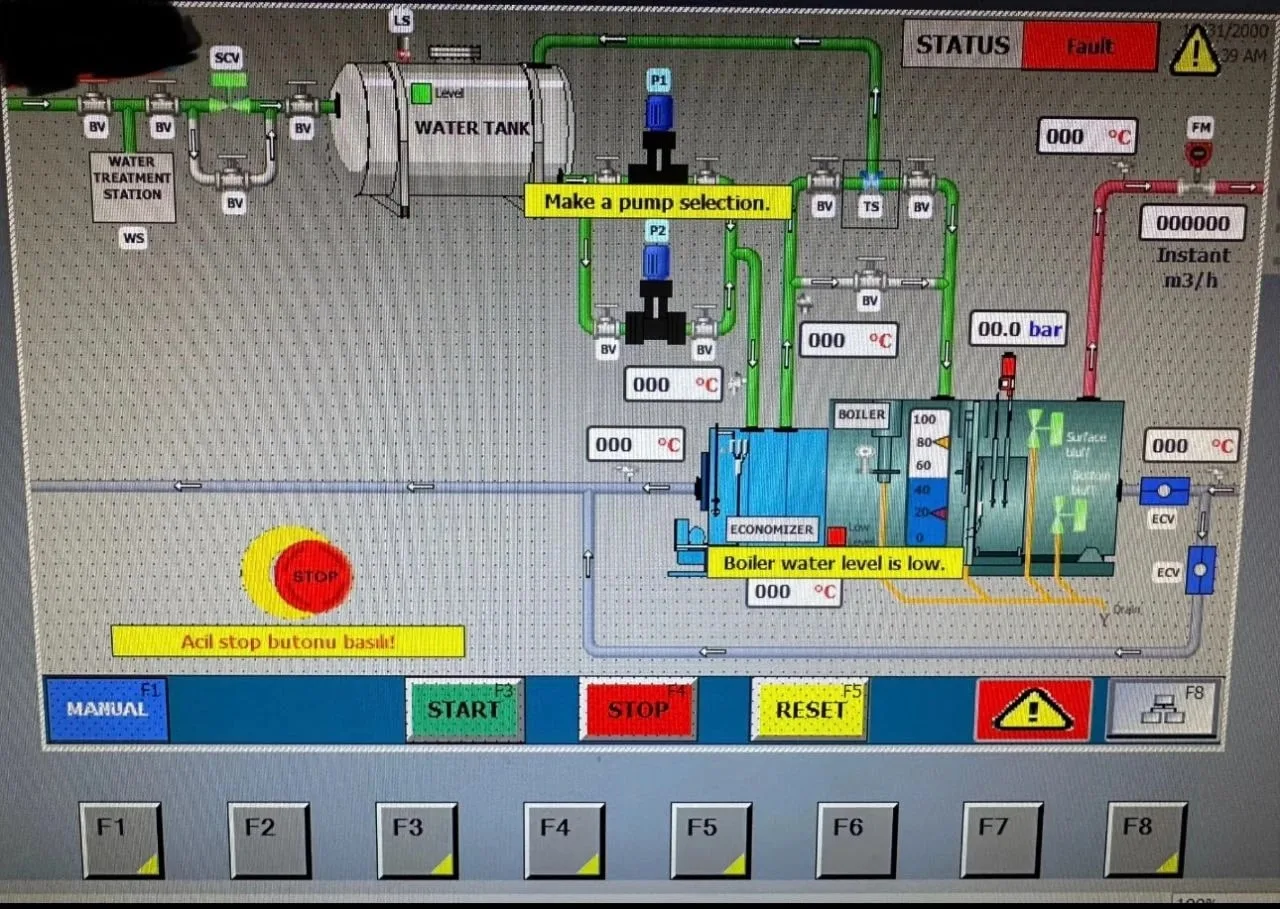 Kazanın HMI ana ekranı: su arıtma, su tankı, iki besleme pompası, ekonomizer, kazan ve buhar hattı; acil stop ve alarm uyarıları